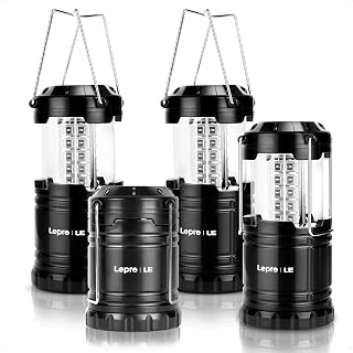 Lepro LED Camping Lanterns, 4 Pack, Collapsible, IPX4 Water Resistant | Battery powered, 3 AA each (not included). 190 lumens, 360 beam. For emergency, hurricane, storms, outages.