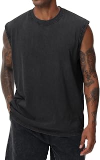 Mens Summer Sleeveless Short Sleeve T-Shirt Fitness Vest Sleeveless Washed Sleeveless T-Shirt Workout Gym Cotton