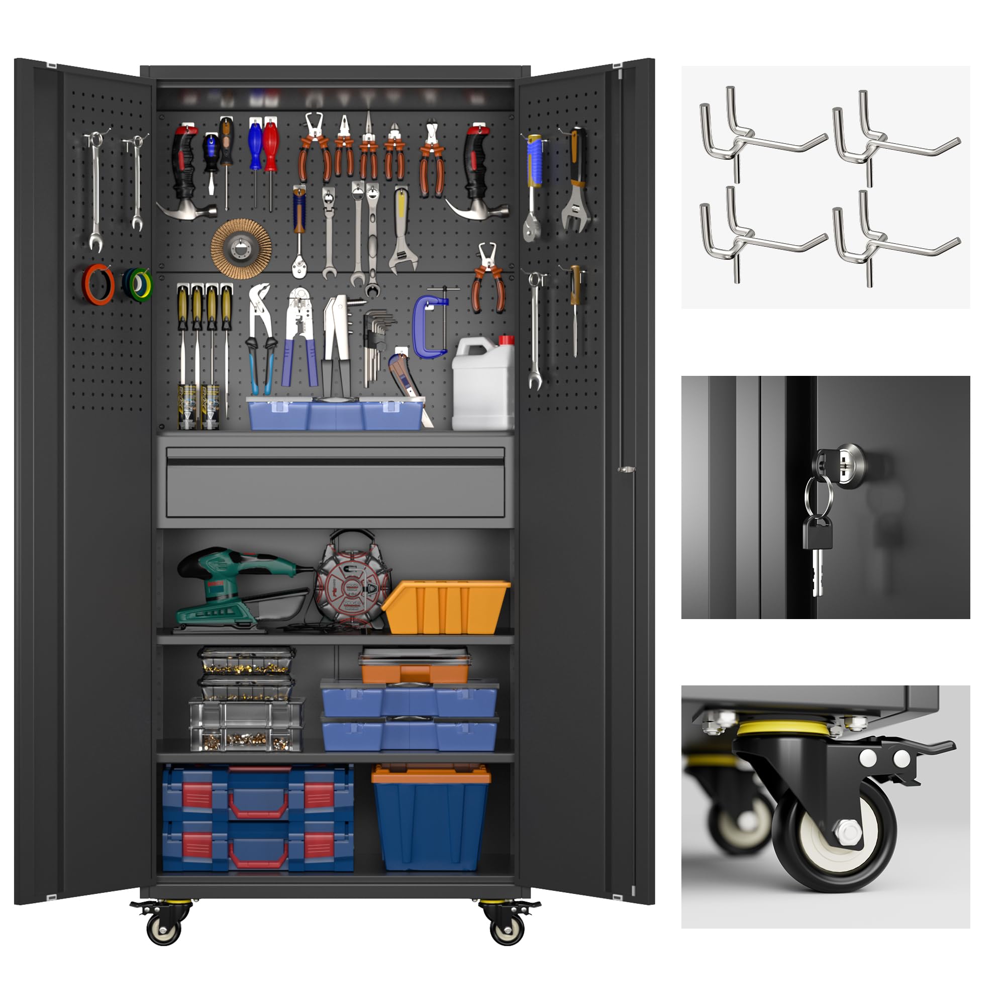 Aobabo 71" H Metal Storage Cabinet with Wheels with 5 Pegboards and 1 Drawer,Loc