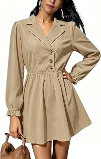 Women's Corduroy Long Sleeve Button Fall Work Short Dress