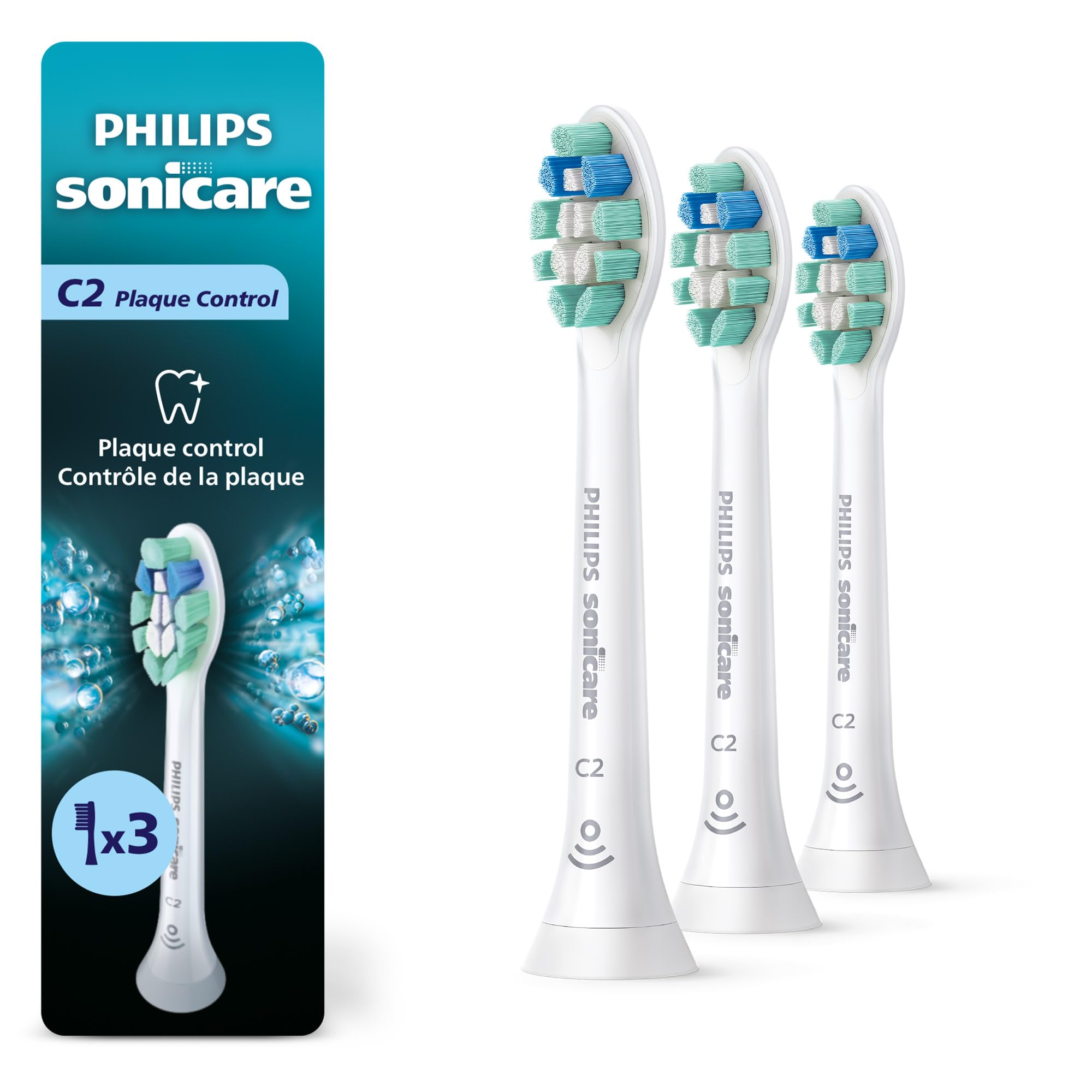 Philips Sonicare C2 Plaque Control Brush Head, 3-Pack 9 Month Supply, White | 70