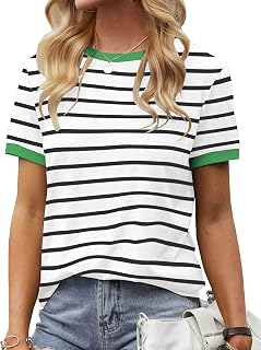 Women Tops Striped Crew Neck T Shirt Contrast Trim Short Sleeve Basic Collar Tee Tops Casual Loose Fit Summer Tops
