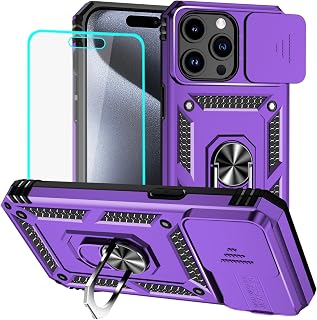 HNHYGETE for iPhone 15 Pro Case with HD Screen Protector: [Military Grade 20ft. Drop Tested] Ring Shockproof Protective Phone Case for - iPhone 15 Pro (Purple)