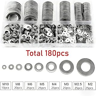 180 Pcs Stainless Steel Flat Screw Washers 304 Stainless Steel Assorted Sizes (M2.5 M2 M3 M4 M5 M6 M8 M10) for Industrial Use Bolt Washers