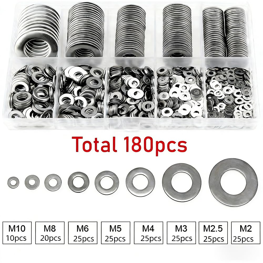 180 Pcs Stainless Steel Flat Screw Washers 304 Stainless Steel Assorted Sizes (M