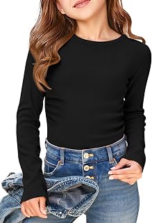 Haloumoning Girls Long Sleeve Shirts Round Neck Ruched Side Slim Fit Ribbed Top Casual Knit T-Shirt 4-15 Years