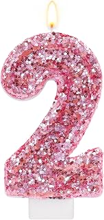 Pink Number 2 Candle Birthday Girl, Glitter Number 2 Candle Cake Topper with Sequins, Princess 2nd Birthday Party Decorations for Wedding, Party Supplies