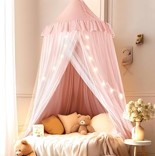 little dove Bed Canopy for Girls with Star Lights, 25.6''x106'', Peach Pink | Double-layer Breathable Princess Canopy for Girls Room Decor, Reading Nooks, Machine Washable Soft Mesh Bed Tent