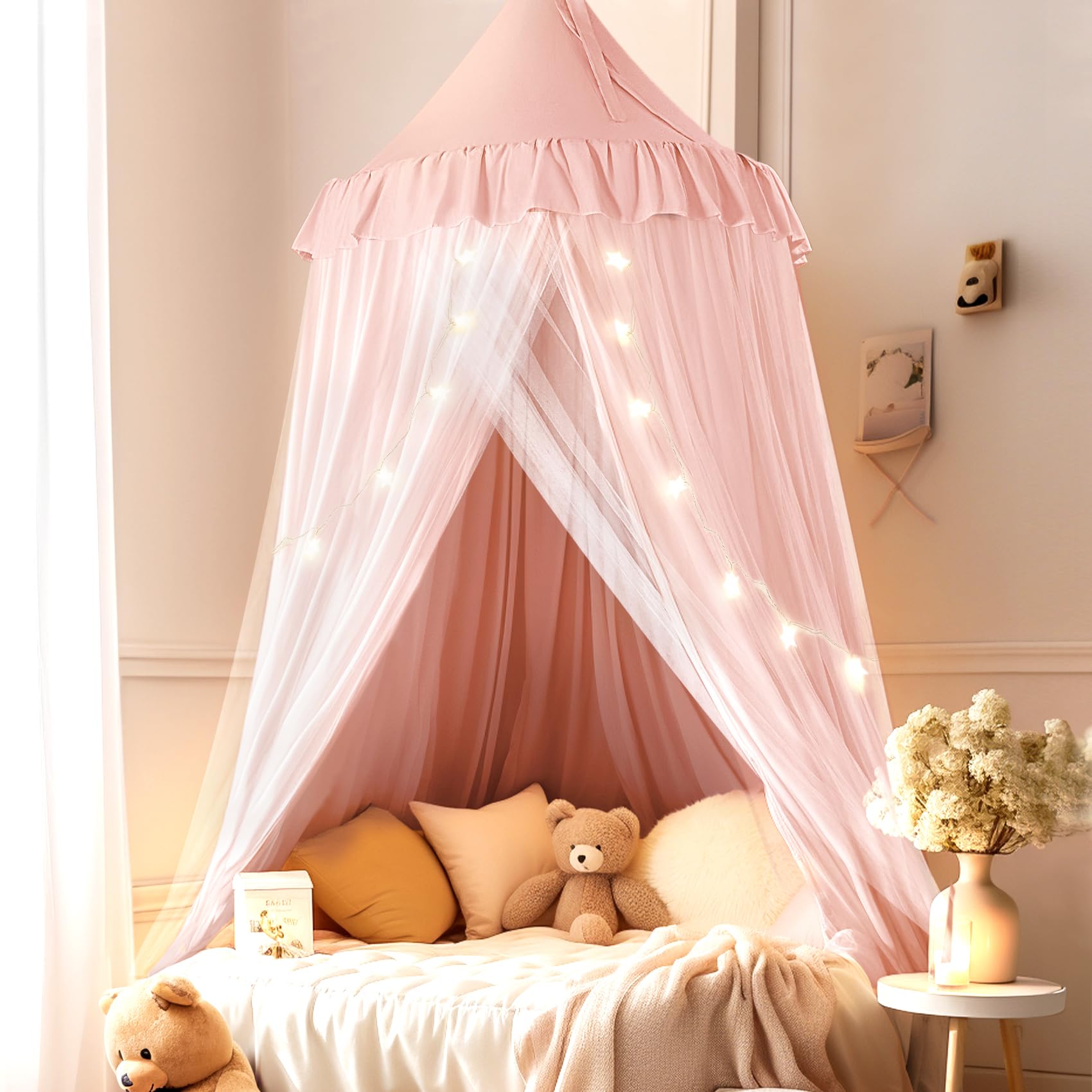 little dove Bed Canopy for Girls with Star Lights, 25.6''x106'', Peach Pink | Do