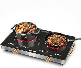 Disaenvir 2 Burner Electric Cooktop with Handle 110V, 2000W Shard Power | 24 Inch Ceramic Stove Top Countertop Burner, Knob and Touch Control with Timer, Safety Lock, 120V Portable Plug in