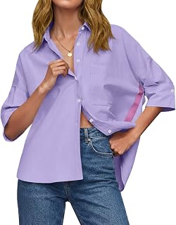 Cicy Bell Camicette estive da donna oversize con bottoni, mezza manica con scollo a V, casual, alte e basse, camicette larghe