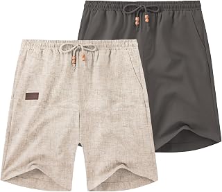 Coofandy Pantalones Cortos Casuales de Lino para Hombre, Cintura elástica, cordón, Ajuste Holgado, Verano, Playa, Vacaciones, Pantalones Cortos con Bolsillos