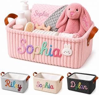 Personalized Baby Basket with Name, Corduroy Diaper Caddy Toy Organizer