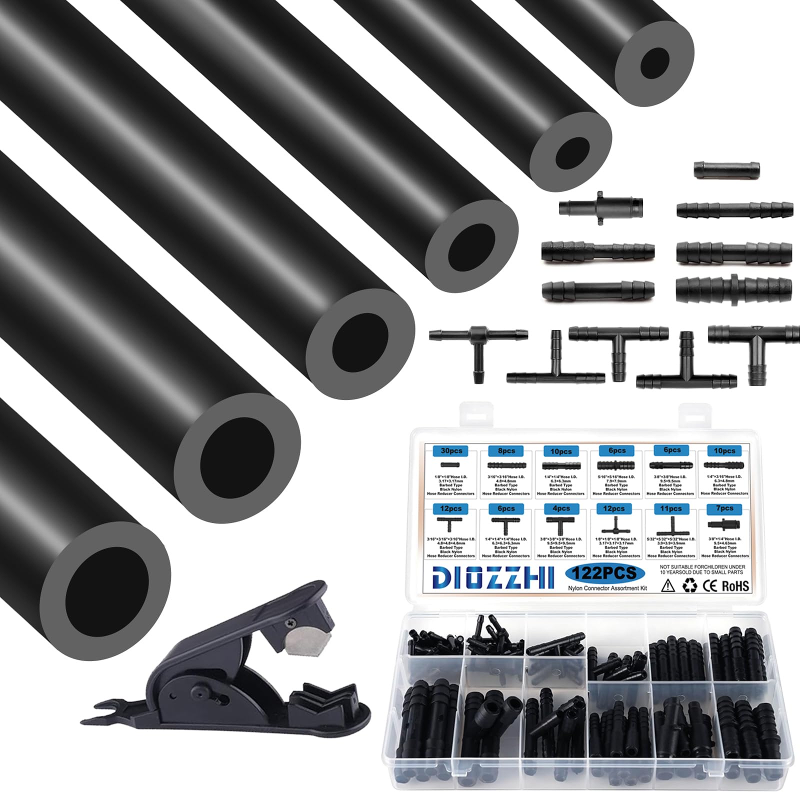 Silicone Vacuum Tubing Hose with 12 Sizes 122PCS Nylon Connector, 3/4/5/6/8/10mm