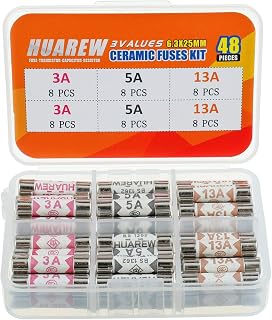 HUAREW 3 Values 48 Pcs 6.3x25 mm BS1362 3A 5A 13A 240 V 0.248x0.984 Inch Ceramic Tube Fuses Assortment Kit