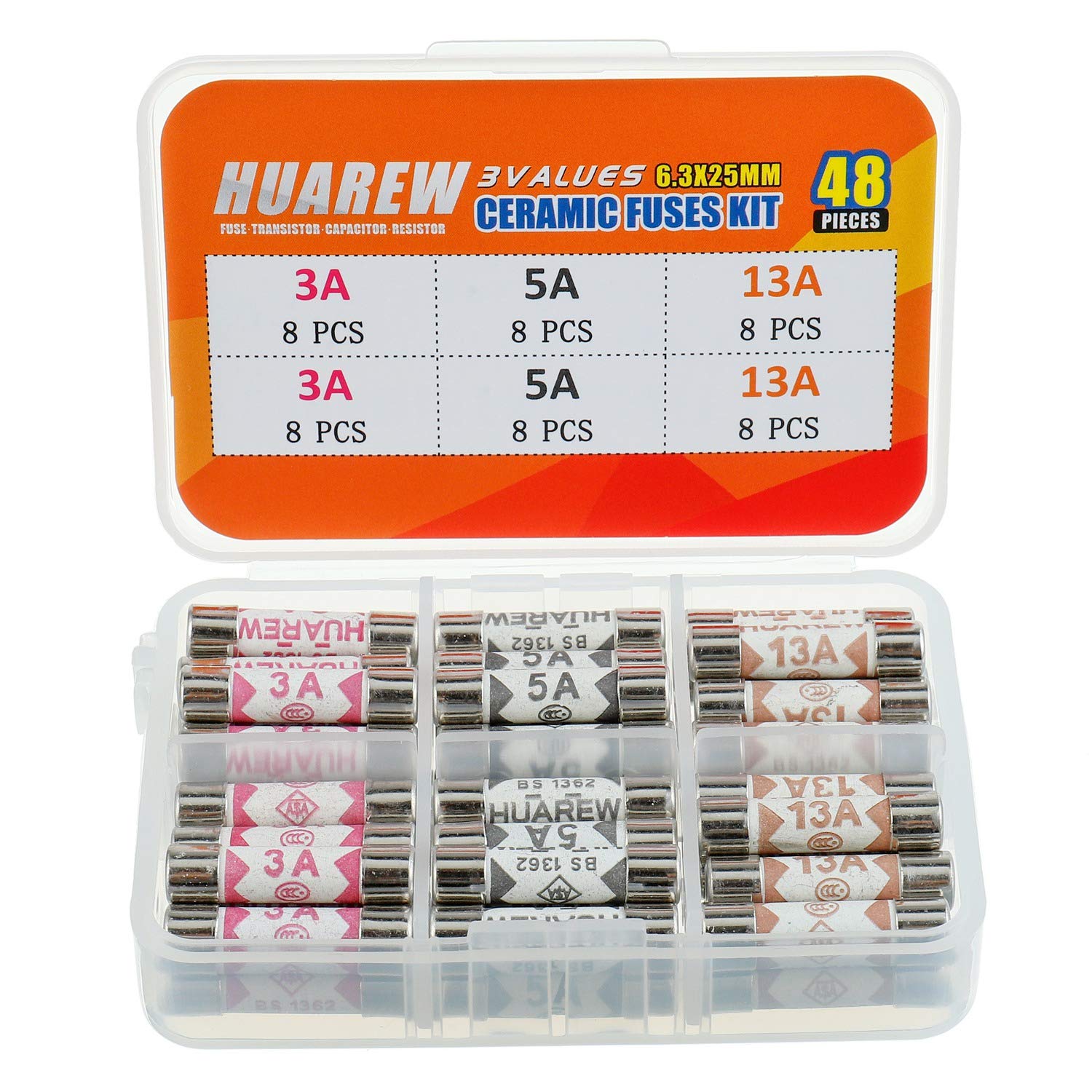 HUAREW 3 Values 48 Pcs 6.3x25 mm BS1362 3A 5A 13A 240 V 0.248x0.984 Inch Ceramic
