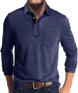 Men's Casual Polo Shirts Classic Button Basic Long Sleeve Shirt Solid Color Cotton Tees Stylish Tops