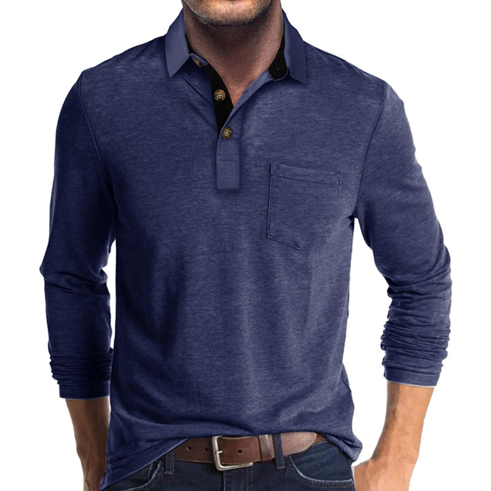 Men's Casual Polo Shirts Classic Button Basic Long Sleeve Shirt Solid Color Cott