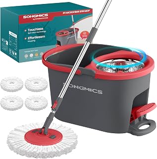 SONGMICS Spin Mop and Bucket Set with Pedal Wringer, 4 Microfiber Pads | Floor Cleaning Mop with Bucket, Adjustable Handle, 360° Rotating Head, Gray and Red, CLEMAX Collection ULMB002GT04