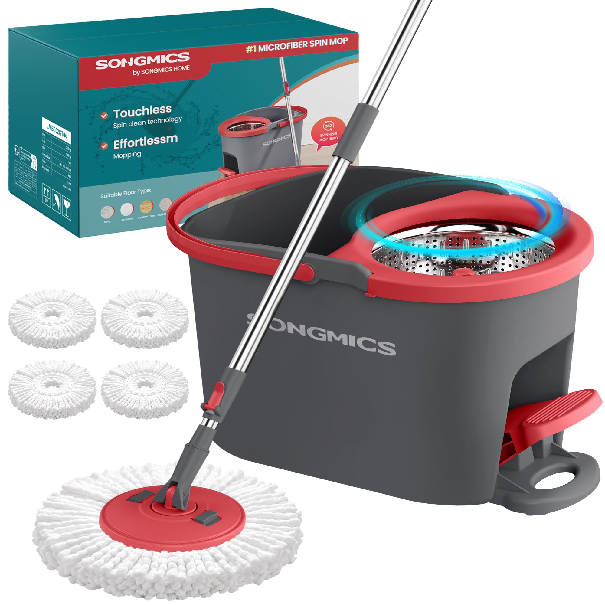 SONGMICS Spin Mop and Bucket Set with Pedal Wringer, 4 Microfiber Pads | Floor C