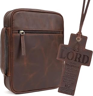 Leather Bible Cover for Men Bible Case for Women Zippered Holder Protector Cross Church Tote Bag Carrying Organizer Sleeve Gift Study Brown
