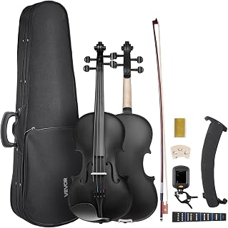 VEVOR Violin 4/4 Full Size for Adults, Violin Fiddle Set for Beginners Student with Hard Case, Rosin, Bow, Shoulder Rest, Bridge, Tuner and Extra Strings, Professional Solidwood Instruments (Black)
