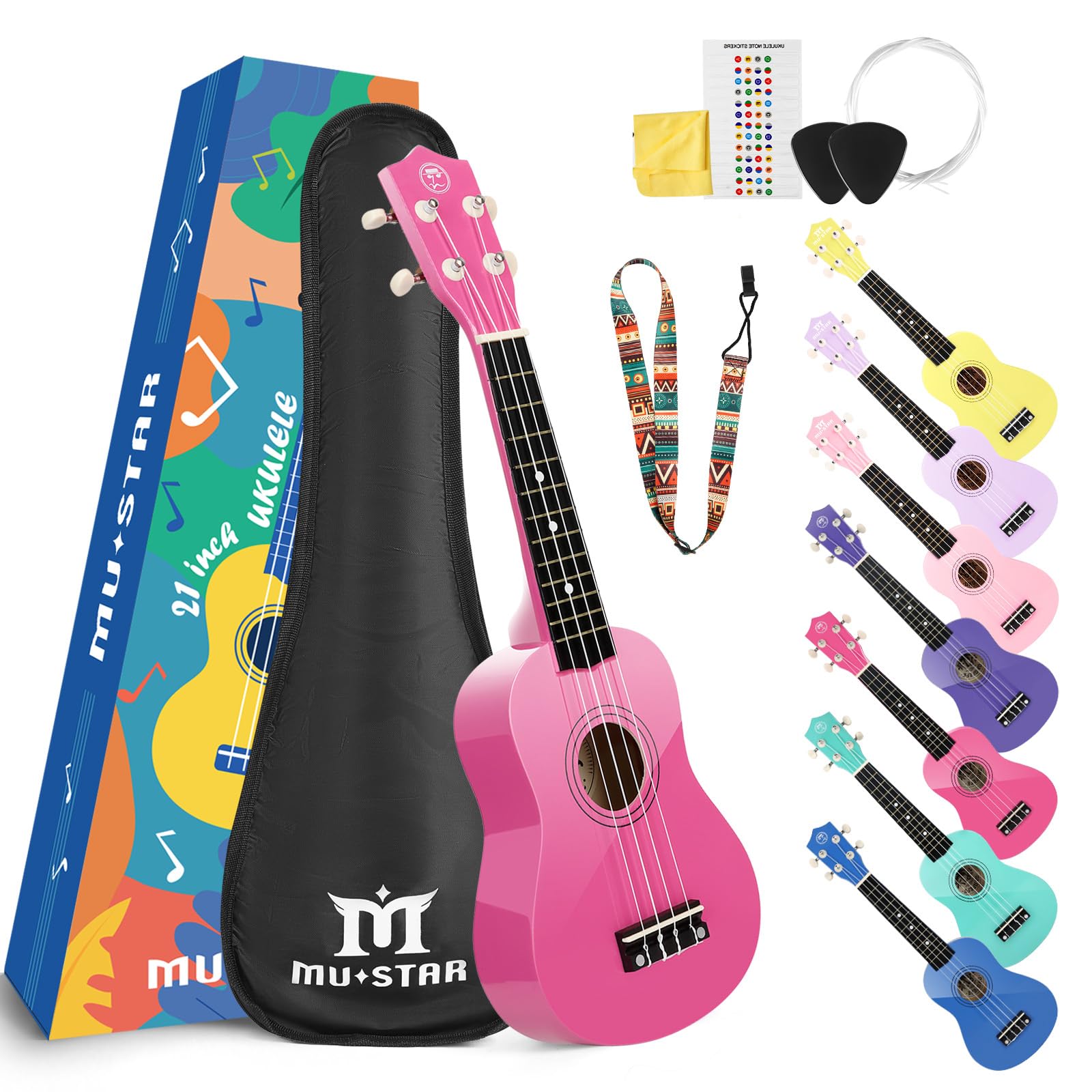 MUSTAR 21 Inch Soprano Pink Basswood Ukulele Kit for Beginners | Ukuleles Set Wi