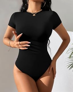 Women Short Sleeve Bodysuits Round Neck Basic Fitted T-Shirt Tops for Women