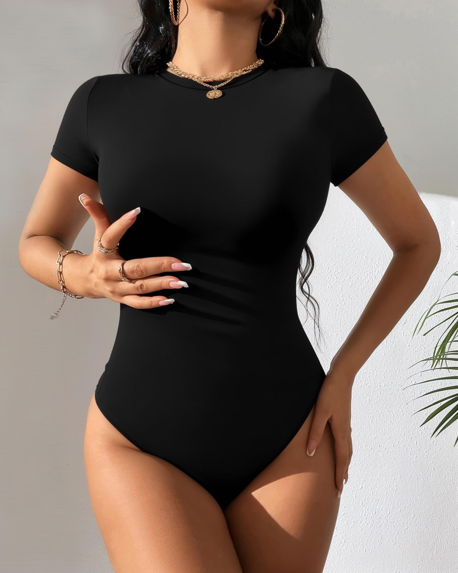 Women Short Sleeve Bodysuits Round Neck Basic Fitted T-Shirt Tops for Women
