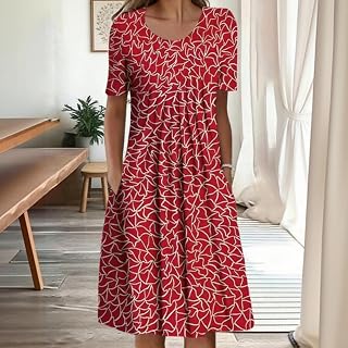 Women's Loose Round Neck Half Sleeve Midi Dress with Pockets