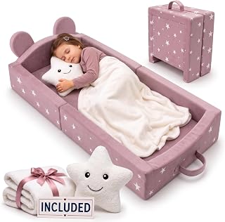 Portable Toddler Bed for Travel + Blanket + Pillow, Up to 6 Years Old | 3" Extra Thick Foldable Toddler Bed | Foldable beds & Kids Sleeping Cot in Ultra Soft Velvet
