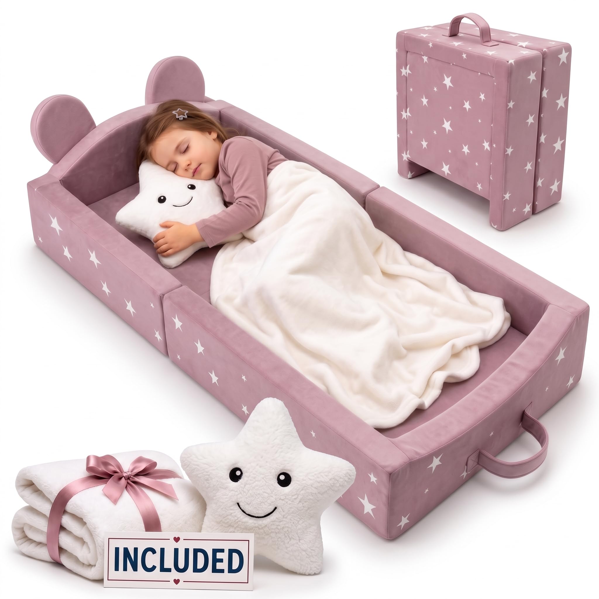 Portable Toddler Bed for Travel + Blanket + Pillow, Up to 6 Years Old | 3" Extra