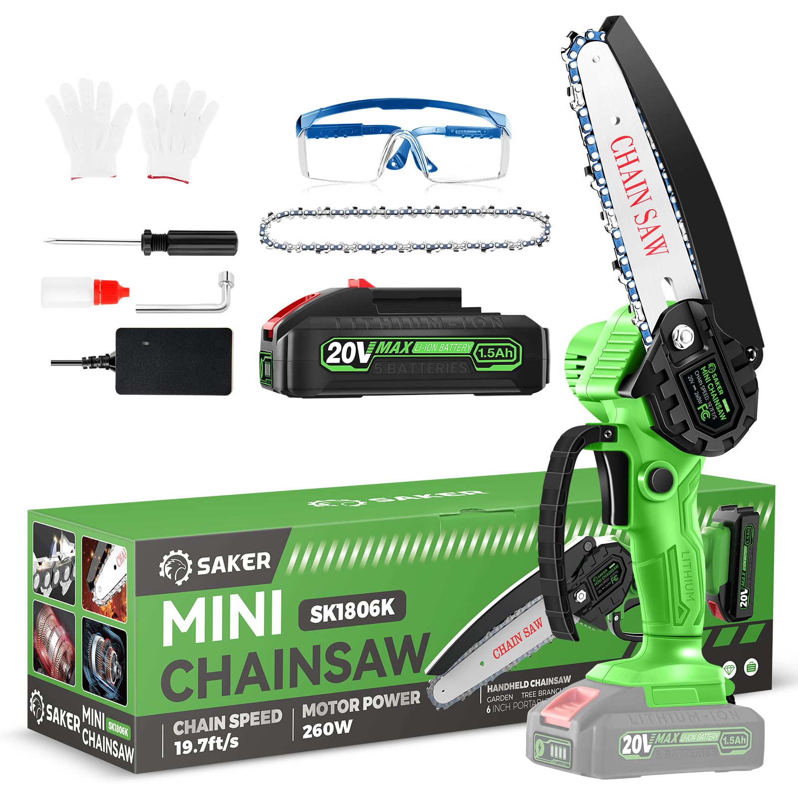 Saker Mini Chainsaw Cordless,6 Inch Battery Chainsaw Green | Electric Chainsaw C