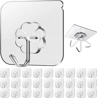 Lahedomege 28 Pack Sticky Hooks for Hanging Heavy Duty, Wall Hooks Adhesive, Clear self Adhesive Hooks for Wall, Kitchen, Bathroom, Shower & Ceiling