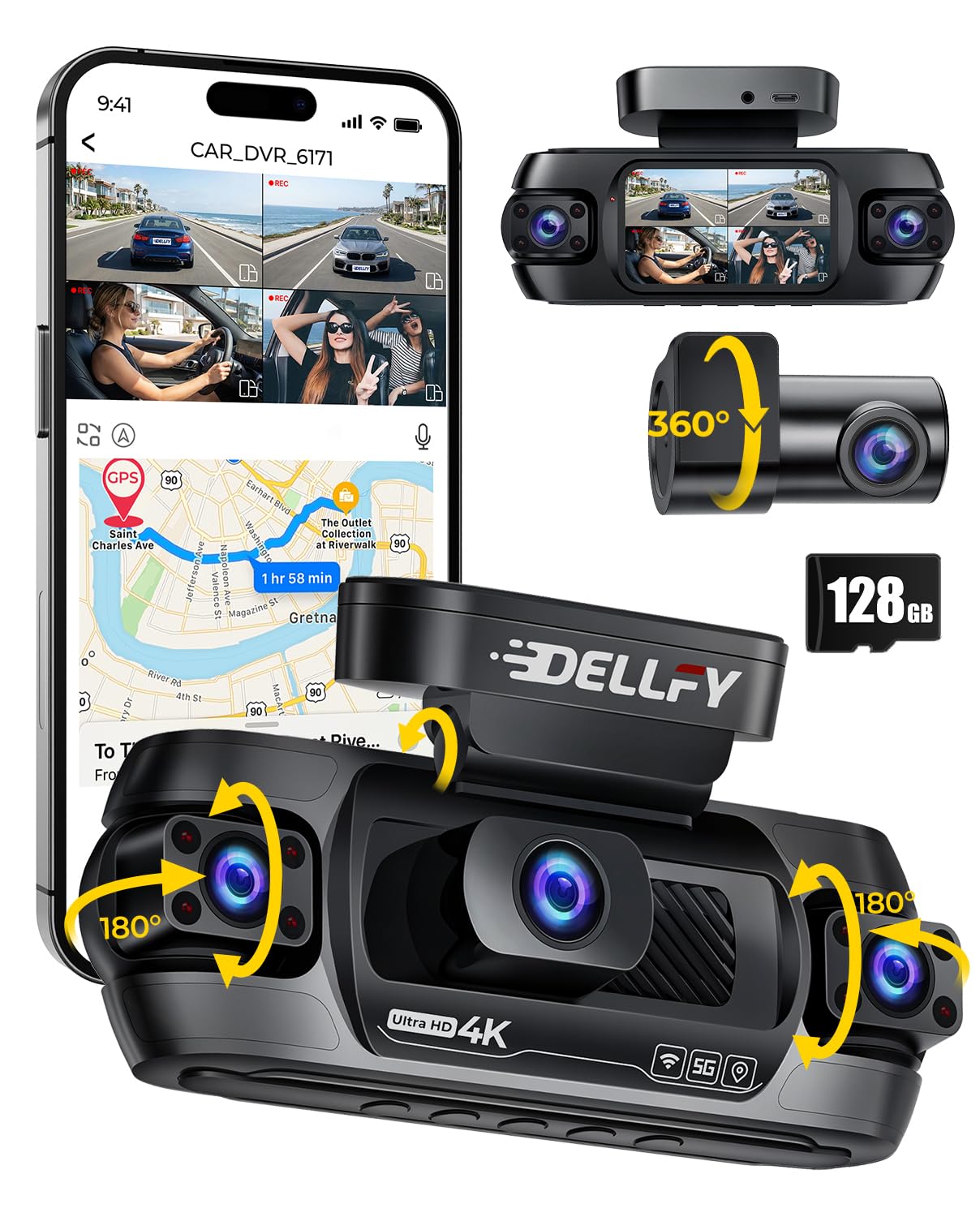 4 Channel Dash Cam, 4K Front Camera, GPS with Speed Tracking, 128GB SD Card | 36