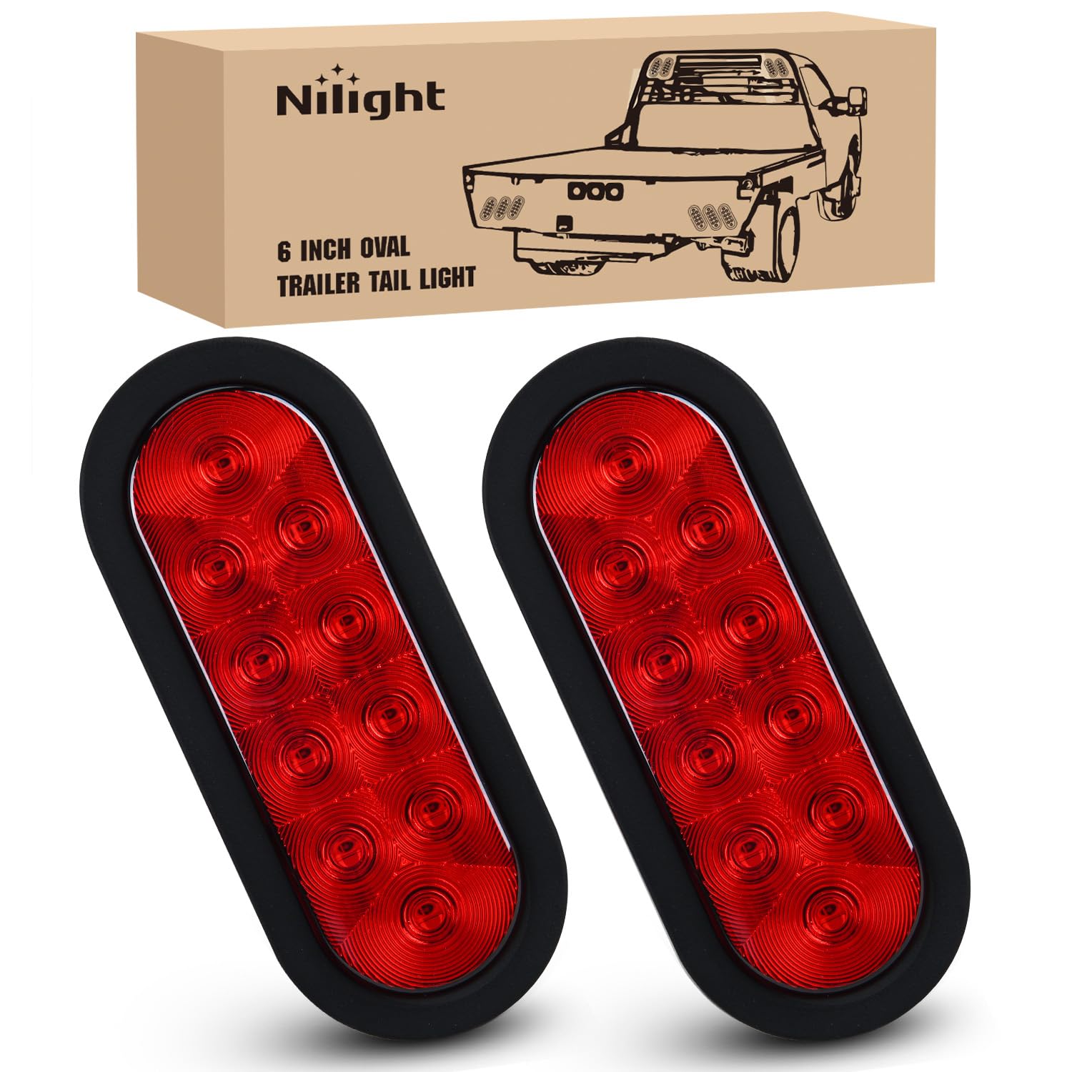 Nilight 6" Oval LED Trailer Tail Lights,Red, 2 Pack, Grommets Mount | 10 LE