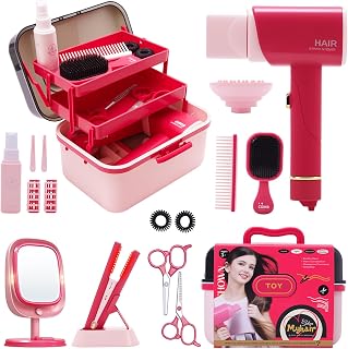 Play Hair Salon Set for Little Girls - Beauty Hair Salon Toys with Realistic Hair Dryer, Curling Iron ，Interactive Lights & Sounds ，Educational Dress-Up Toy Vanities for Kids Ages 3+