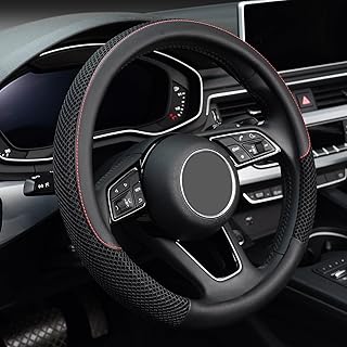 KAFEEK Steering Wheel Cover, Cooling Ice Silk Leather, 15 Inch, Black | Breathable Mesh, Anti-Slip Car Grip, Heat Resistant for Summer, Sweat Proof Comfort