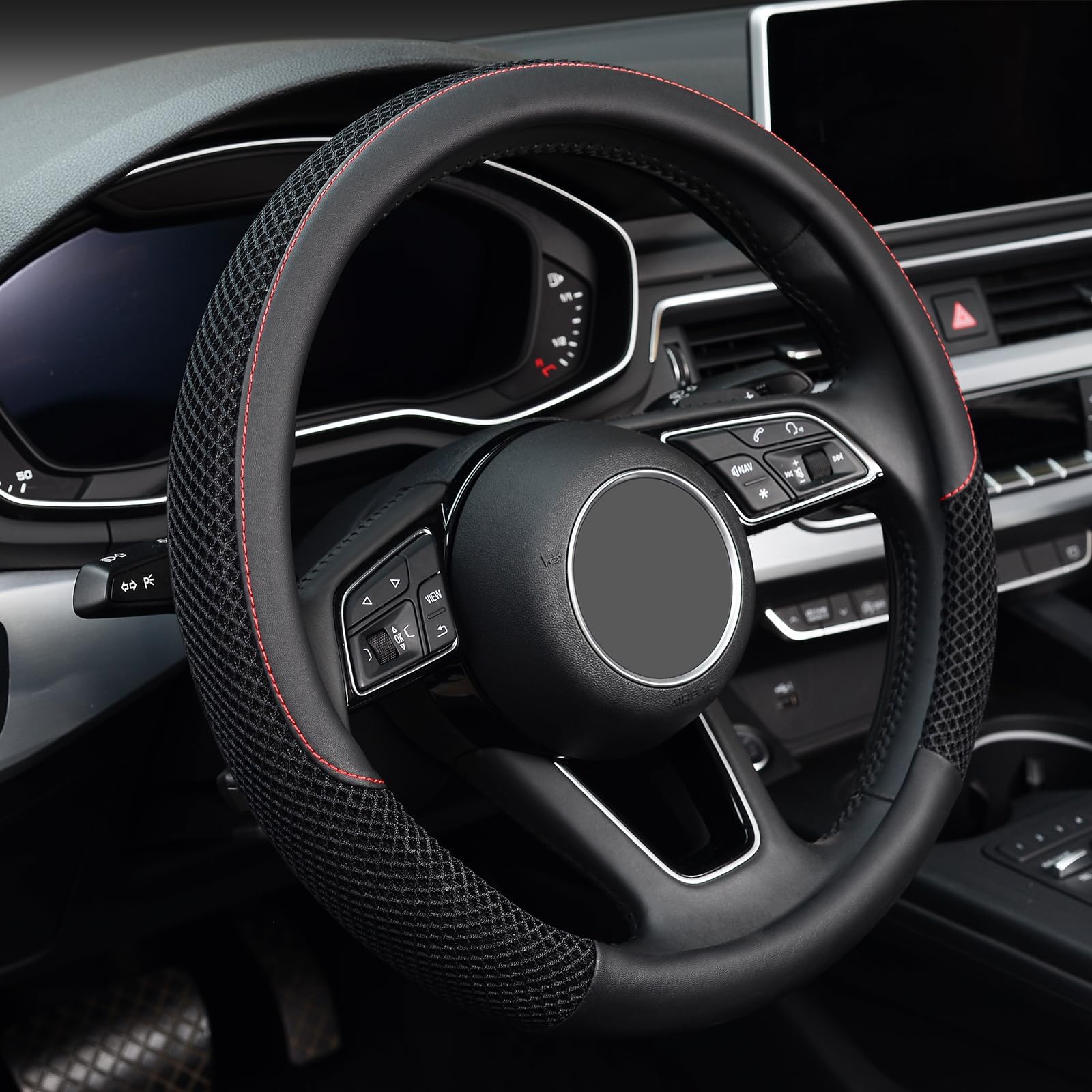 KAFEEK Steering Wheel Cover, Cooling Ice Silk Leather, 15 Inch, Black | Breathab
