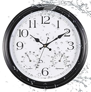 Vigorwise 15 Inch Outdoor Clock Thermometer Combo, Black Metal-Frame Outdoor Clocks Waterproof, Silent Outdoor Wall Clock for Patio Pool