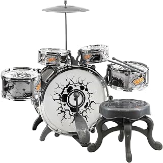 MTS Junior Rock Drum Set - Black & White Kids Percussion Kit with 5 Drums, Cymbal, Stool & Sticks - Beginner Musical Instrument Toy for Boys & Girls Age 3+