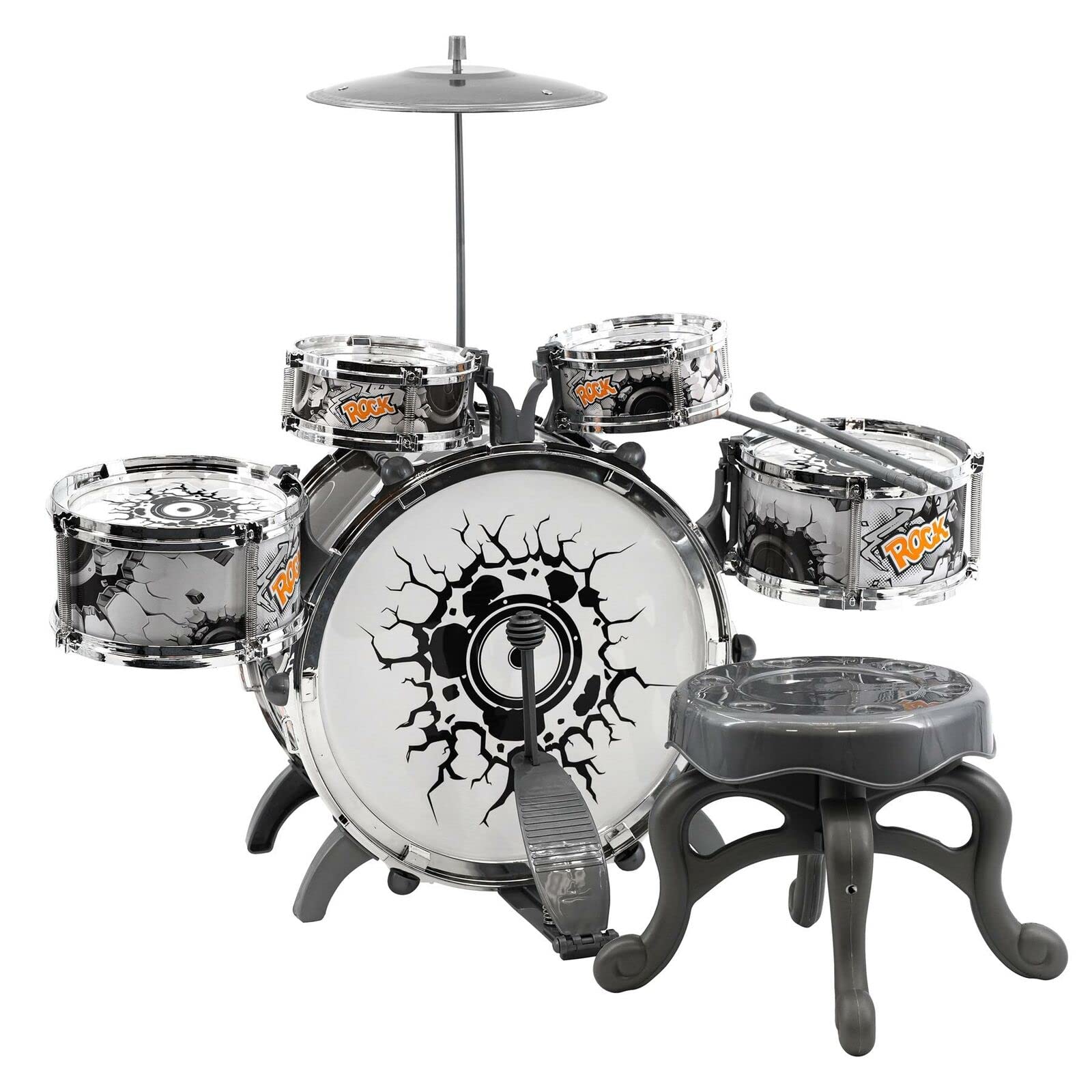 MTS Junior Rock Drum Set - Black & White Kids Percussion Kit with 5 Drums, Cymba