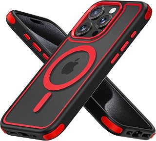 Mobnano for iPhone 15 Pro Case, Compatible with MagSafe, Crystal Clear Case with Magnetic Ring, Multicolor Protective Shockproof Bumpers, Not Yellowing Slim Cover for Men Women - Black/Red