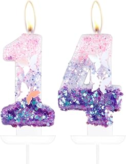 Birthday Number 14 Candle,Butterfly 14th Birthday Party Decorations for Women/Girl,Purple Birthday Candle,2.75" Large Glitter Birthday Candles Wedding Cake Topper Anniversary Party Decor