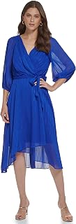 DKNY Women's Chiffon Balloon Sleeve Faux Wrap Midi Dress with High-Low Hem