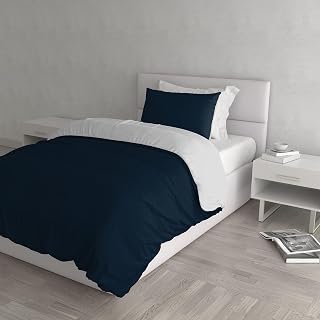 Duvet Cover Set, 100% Natural Cotton, Made in Italy, Duvet Cover Set, Duvet Cover 200 x 200 cm with Double Flap and Pillow Case, Double Size, Dark Blue/Light Grey