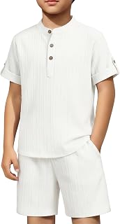 Arshiner Boys 2 Pieces Set Textured Henley Shirts & Shorts Set 4-12 Years