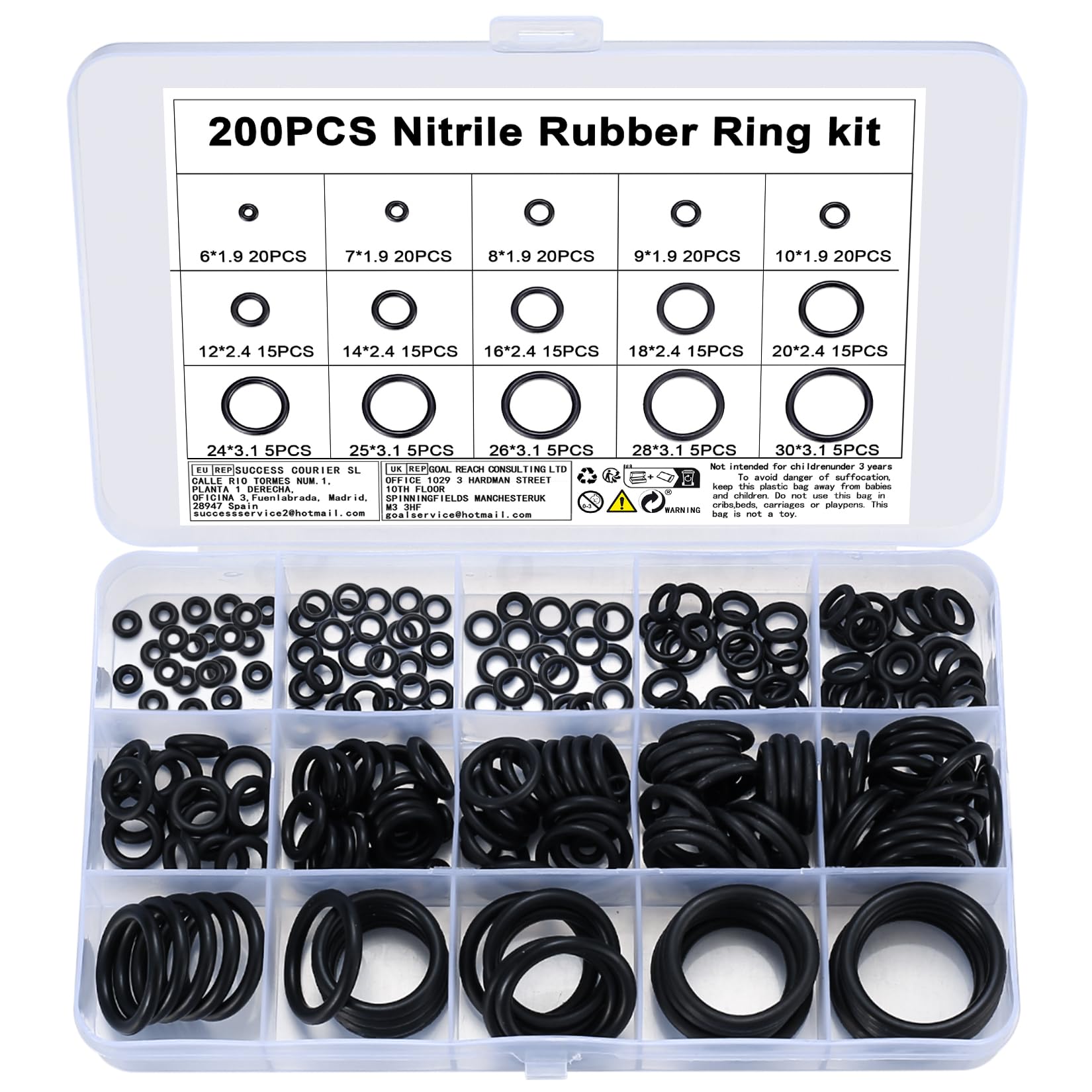 Newoutset 200pcs O-ring Seals, 15 Sizes, Rubber Gasket Kit,Rubber Washers | Elec