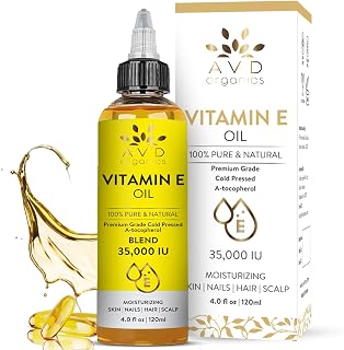 AVD Organics Vitamin E Oil for Hair | 100% Pure & Natural, 35,000 IU | Premium Grade, Cold-Pressed and Tocopherol Vitamin E Oil for Skin & to Repair Dry, Damaged Skin | Moisturizing, Hair and Scalp 4.05 Fl Oz