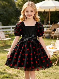 Girls Dresses Square Neck Puff Sleeve Tulle Heart Print A-Line Dress with Bow Belt,Kids Party Casual Dress 8-12Y